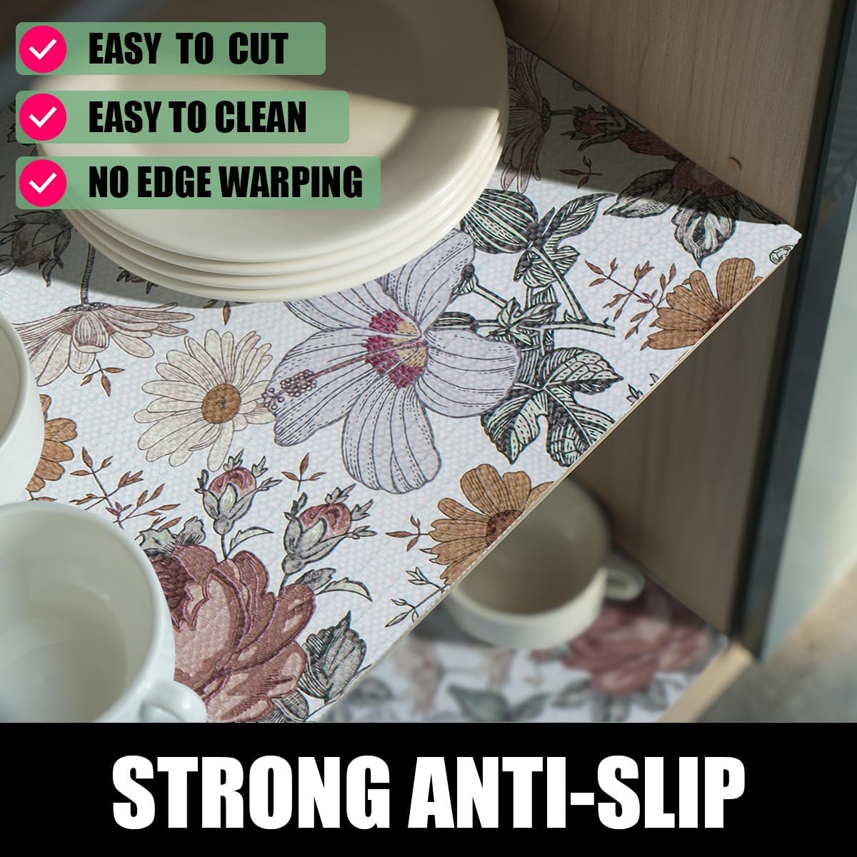 Floral Drawer Shelf Liners, 16IN x 10FT Non Adhesive and Strong Non-Slip Cabinet Drawer Shelf