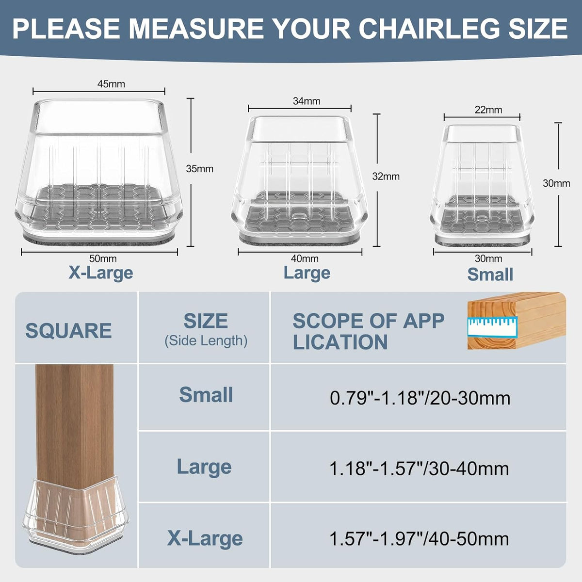 24PCS Square Chair Leg Floor Protectors for Hardwood Floors, Thicken Rubber Chair Leg Cap Covers
