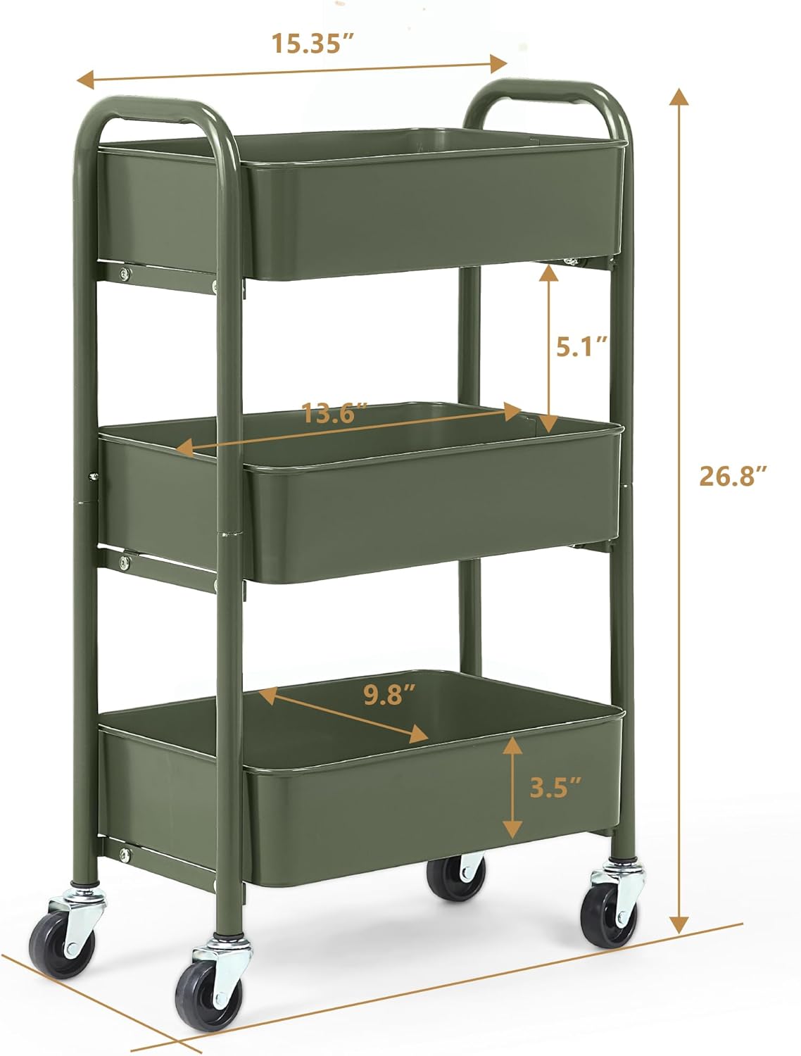 SunnyPoint 3-Tier Delicate Compact Rolling Metal Storage Organizer - Mobile Utility Cart