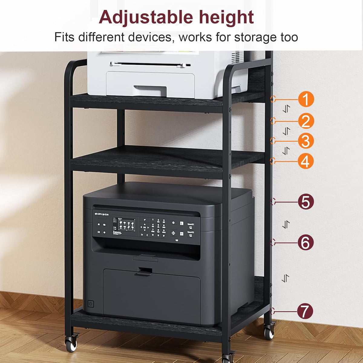 4 Tier Printer Stand with Storage Shelf, Large Tall Printer Table for Home Office, Mobile Printer