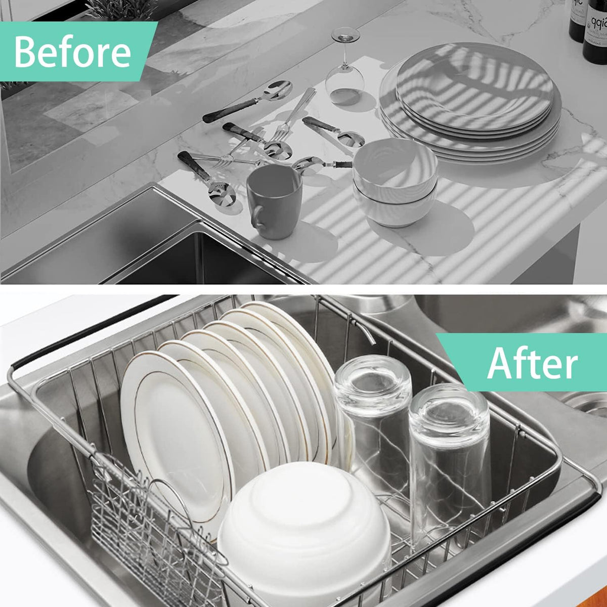 Sink Dish Drainer Rack, Expandable 304 Stainless Steel Dish Drying Rack Organizer with Stainless