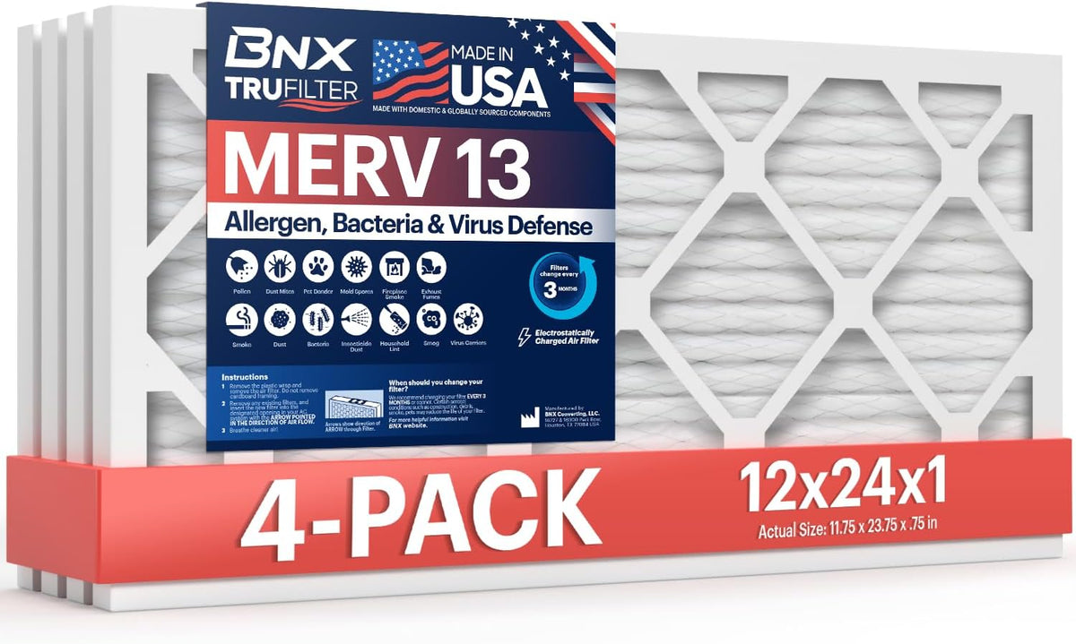 BNX TruFilter 12x24x1 Air Filter MERV 13 (4-Pack) - MADE IN USA - Electrostatic Pleated Air