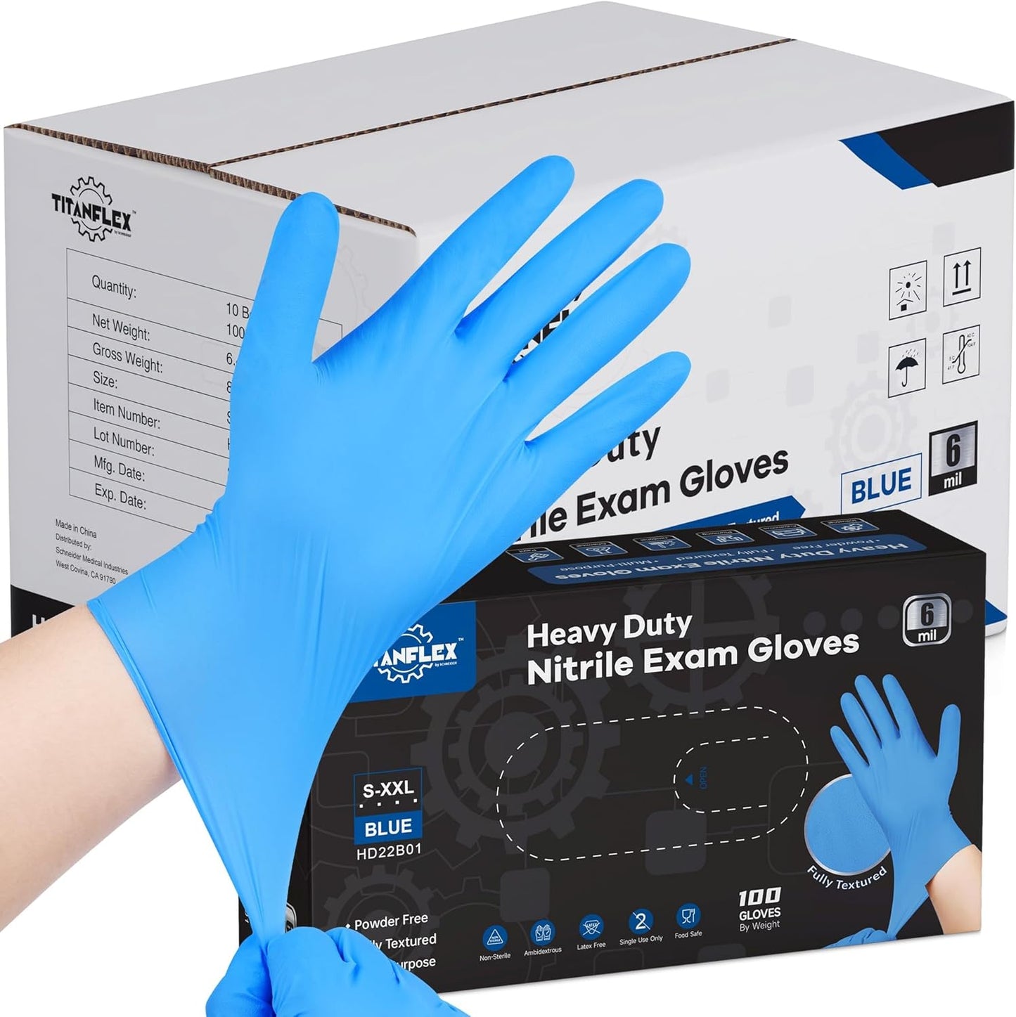 TitanFlex Heavy-Duty Blue Nitrile Gloves, 6-mil, Fully Textured, Mechanic Disposable Gloves
