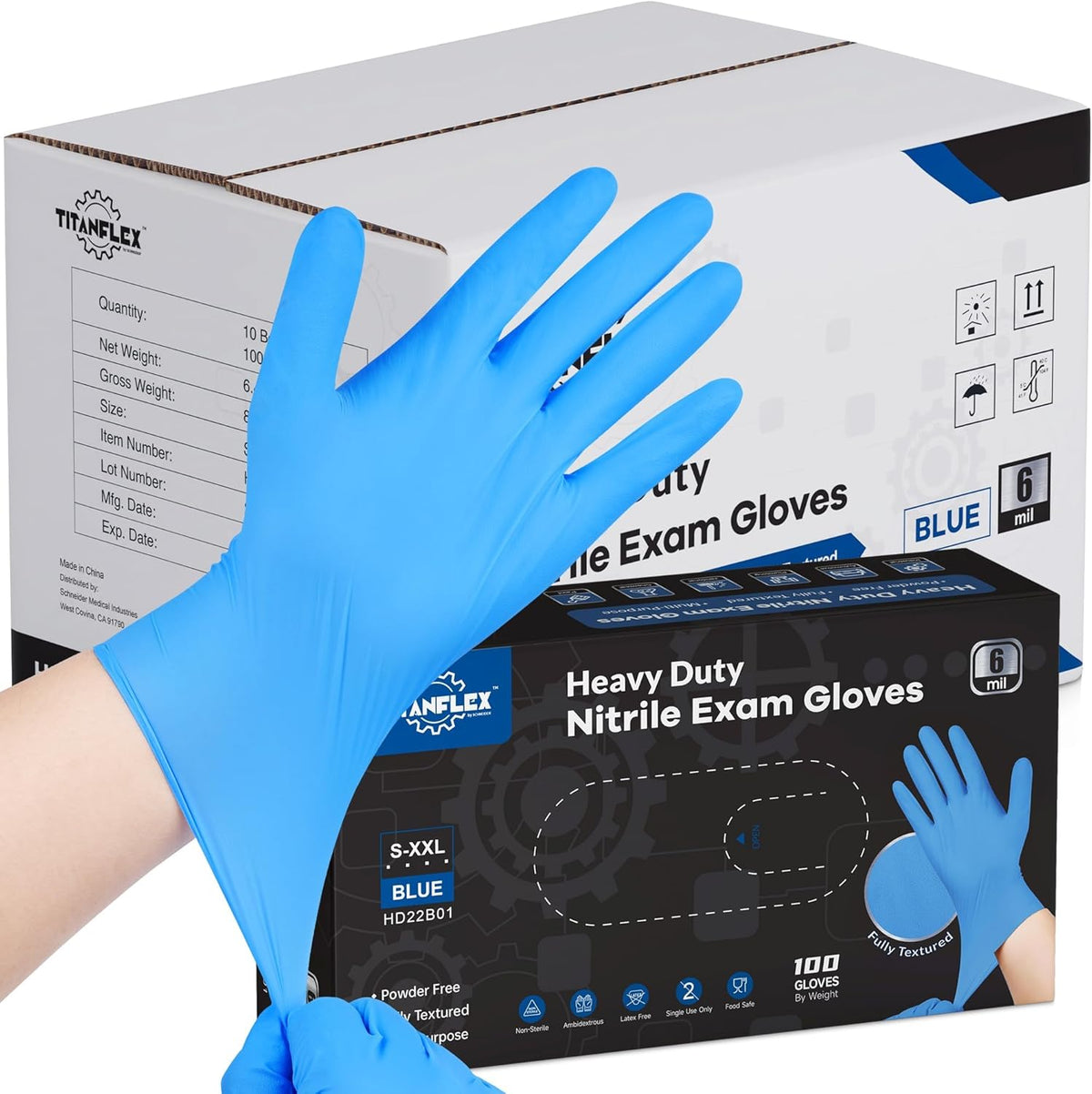 TitanFlex Heavy-Duty Blue Nitrile Gloves, 6-mil, Fully Textured, Mechanic Disposable Gloves