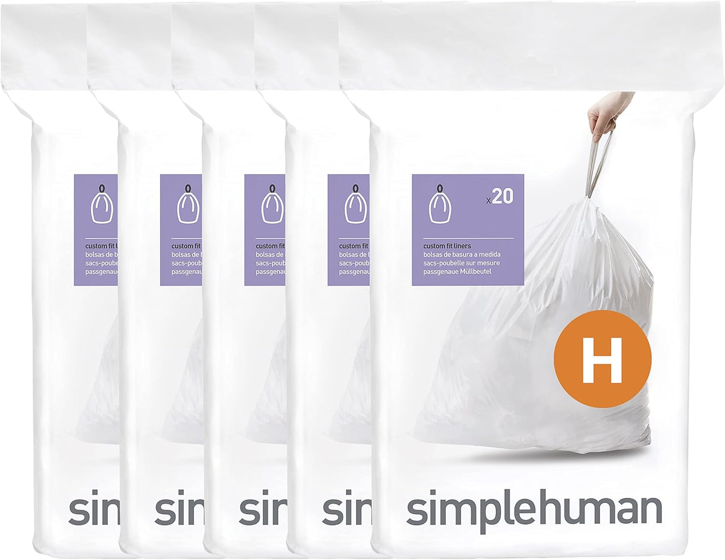 simplehuman Code H 100 Count, Dispenser Pack Custom Fit Liners, Drawstring Trash Bags, 30-35 Liter