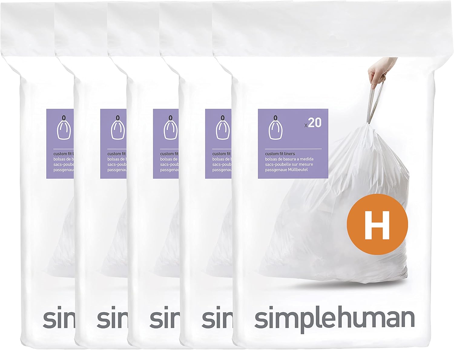 simplehuman Code H 100 Count, Dispenser Pack Custom Fit Liners, Drawstring Trash Bags, 30-35 Liter
