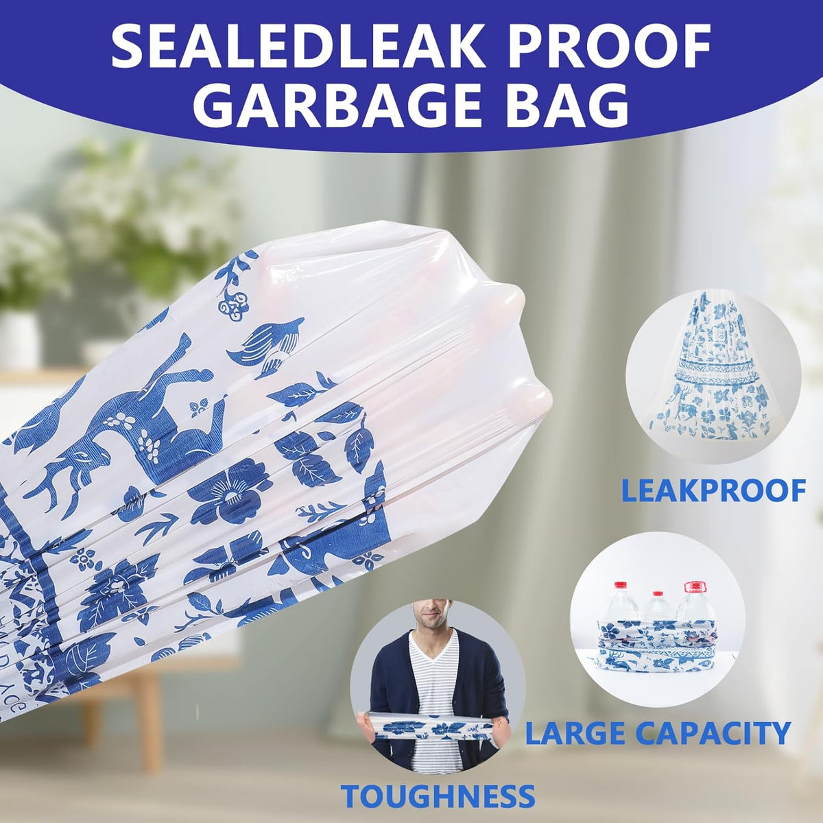 VOK Trash Bags 13 Gallon with Drawstring, Leakproof Printed Garbage Bags 13 Gallon Tall Kitchen