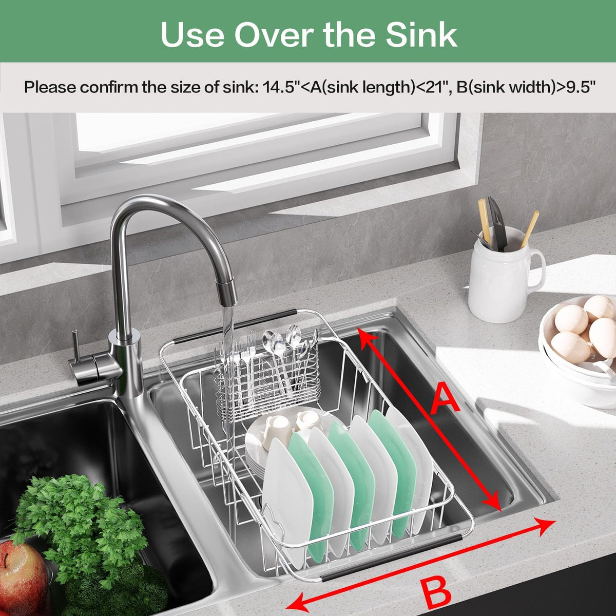 Dish Drainer Rack in Sink Adjustable, Expandable 304 Stainless Steel Metal Dish Drying Rack