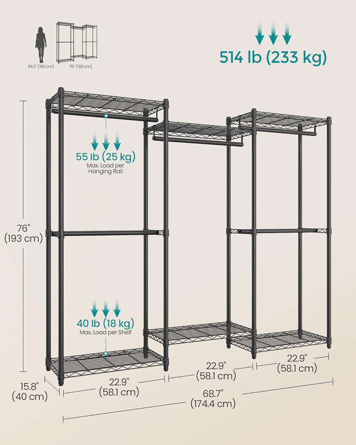 SONGMICS Heavy-Duty Clothes Rack, Garment Rack, Portable Closet, 68.7-Inch Wide Clothing Rack with