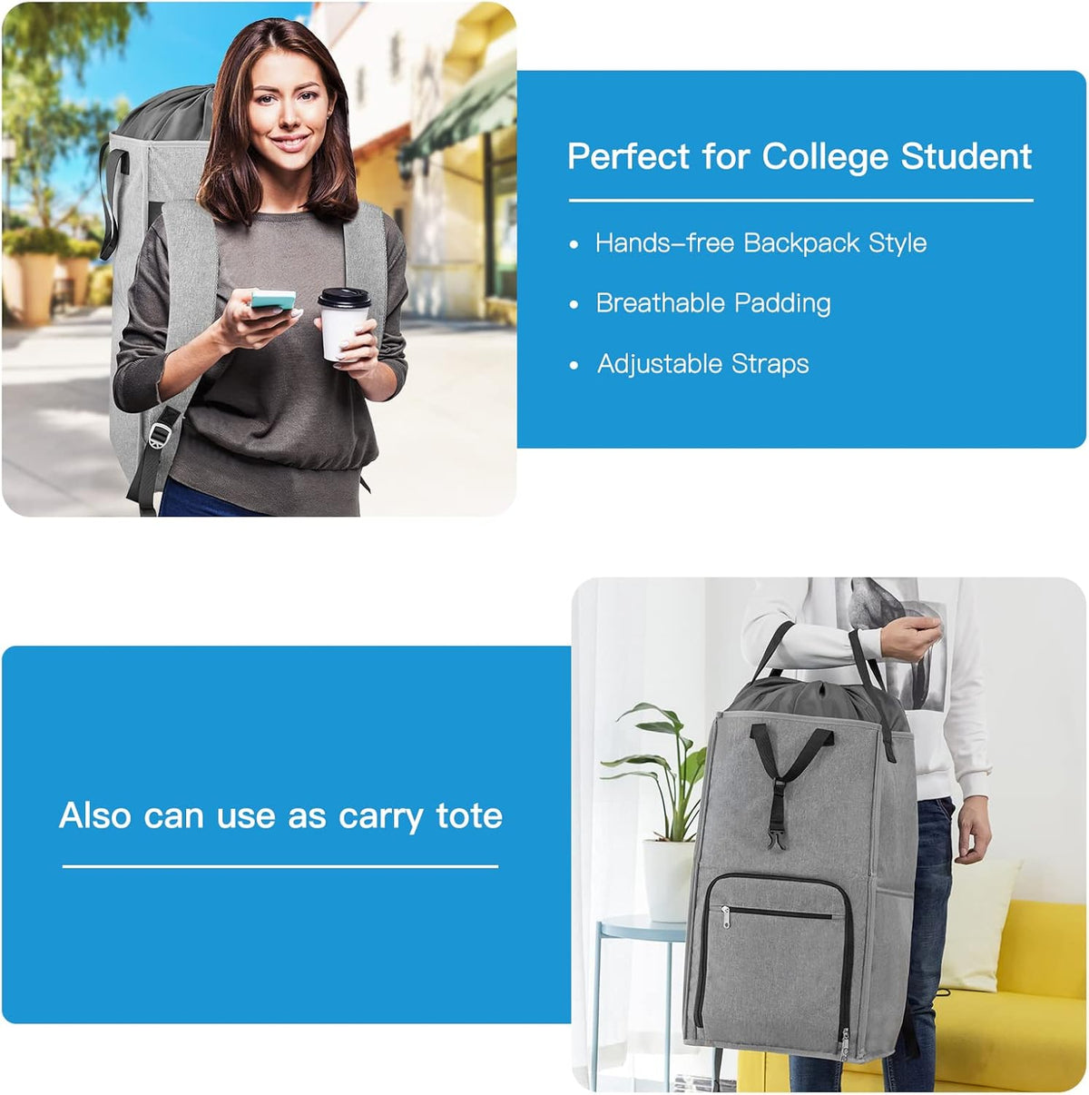 Laundry Backpack Bag, Bukere Extra Large 2 in 1 Laundry Hamper Basket for College Students Dorm