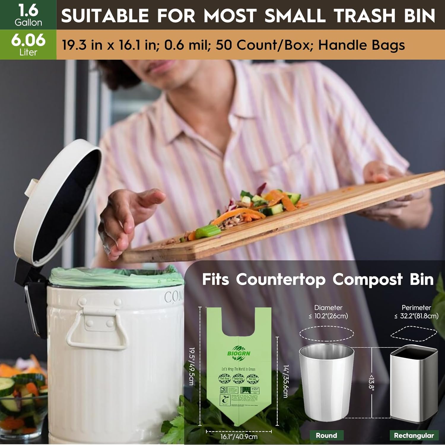 Compostable Trash Bags 1.2-1.6 Gallon Handle Tie 50 Count 0.6 Mil 6.06 Liter Small Compost Bags for