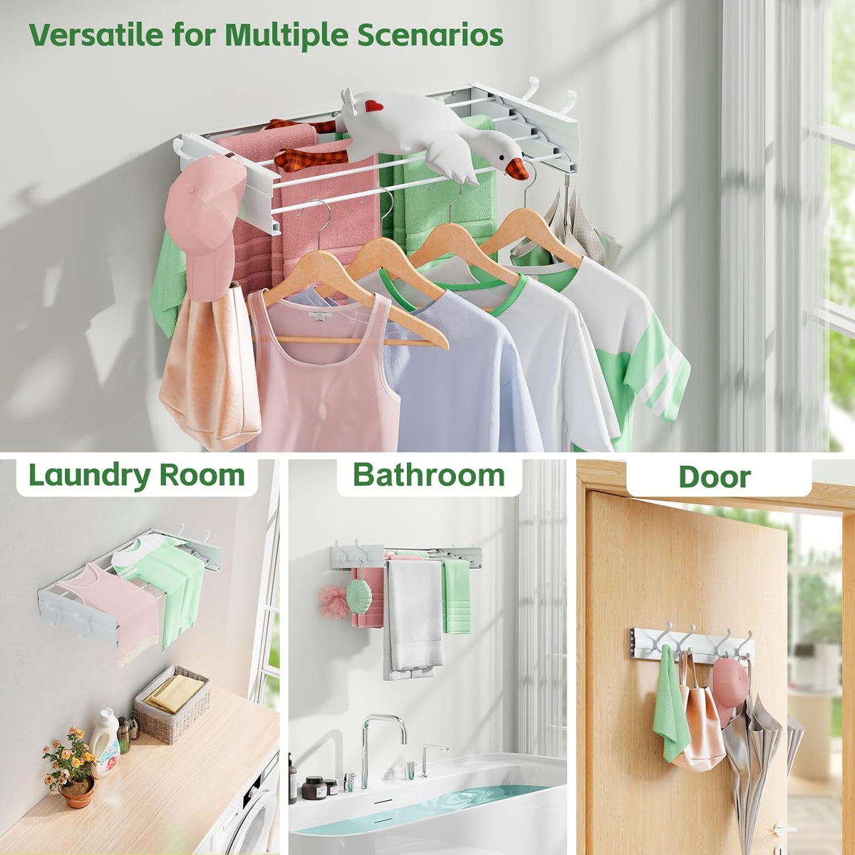 Wall Mounted Clothes Drying Rack for Laundry 23.6", Folding Clothes Drying Rack with 4 Towel Hooks