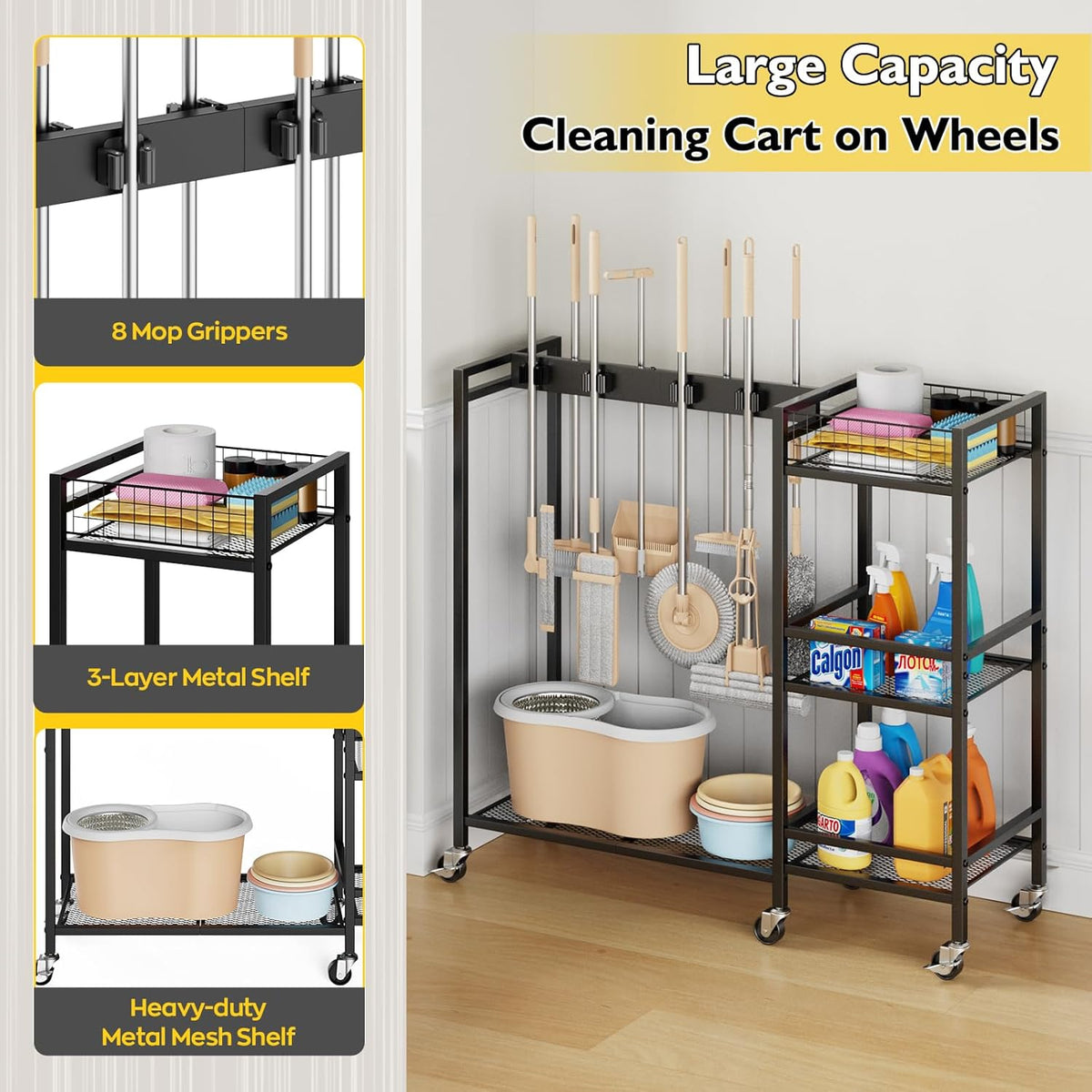 Broom Holder with Cleaning Supplies Organizer, Movable Broom Closet Storage Cabinet with Cleaning