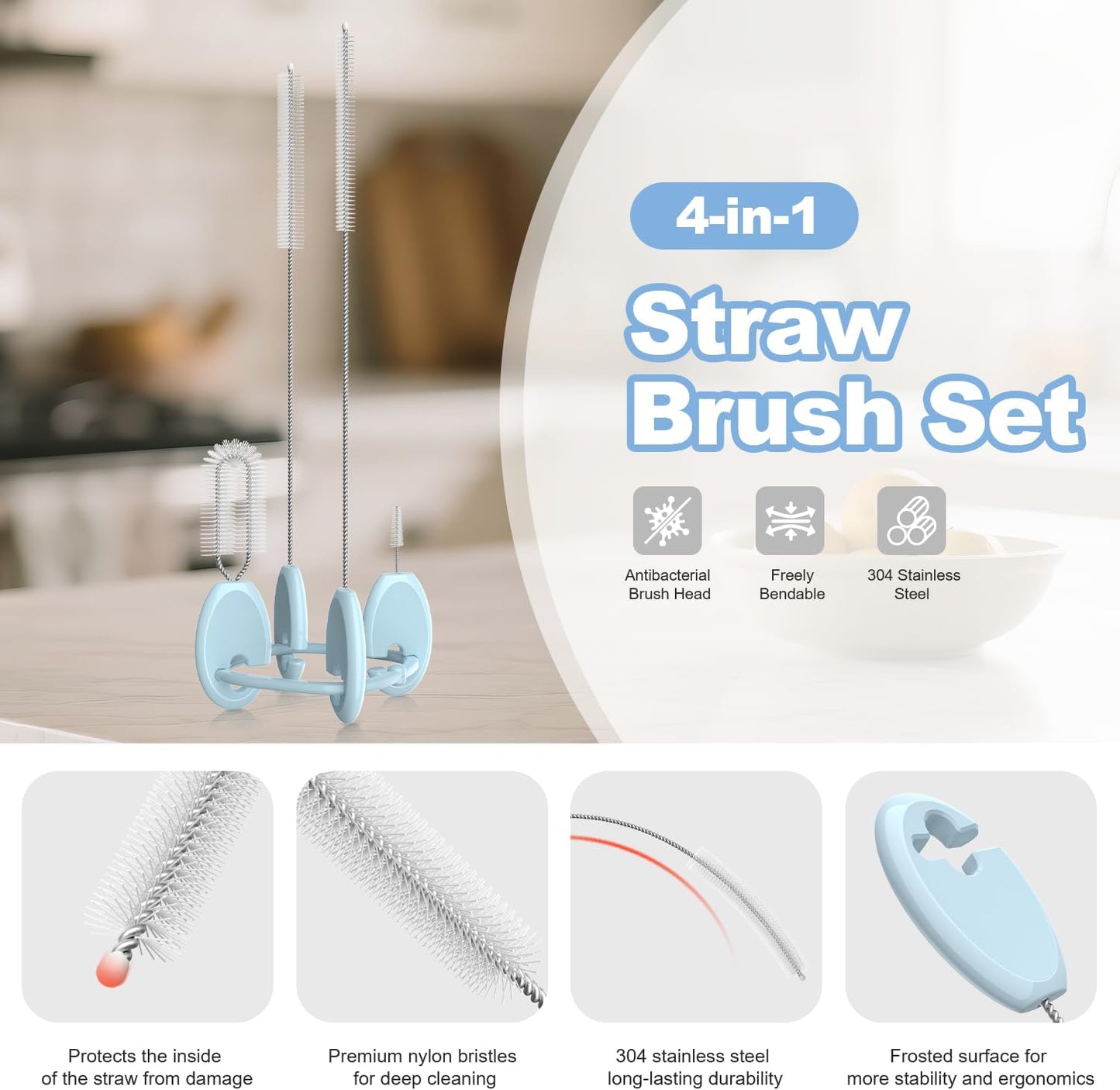 YOTIME Standing Straw Cleaner Brush Set, 4in1 Reusable Straw Brushes with Holder Ring, for Wide and