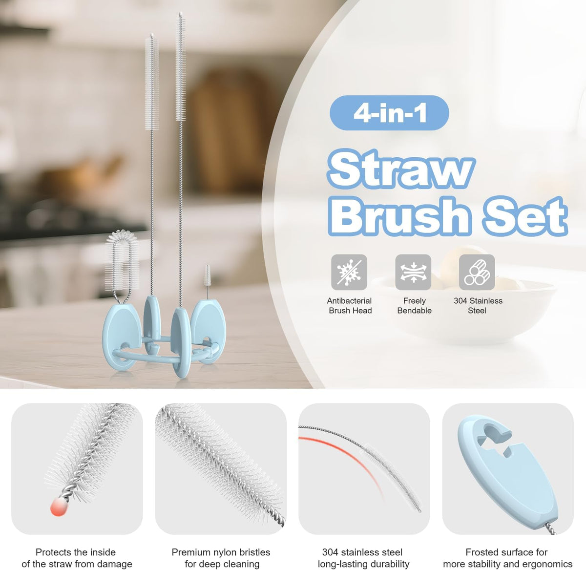 YOTIME Standing Straw Cleaner Brush Set, 4in1 Reusable Straw Brushes with Holder Ring, for Wide and
