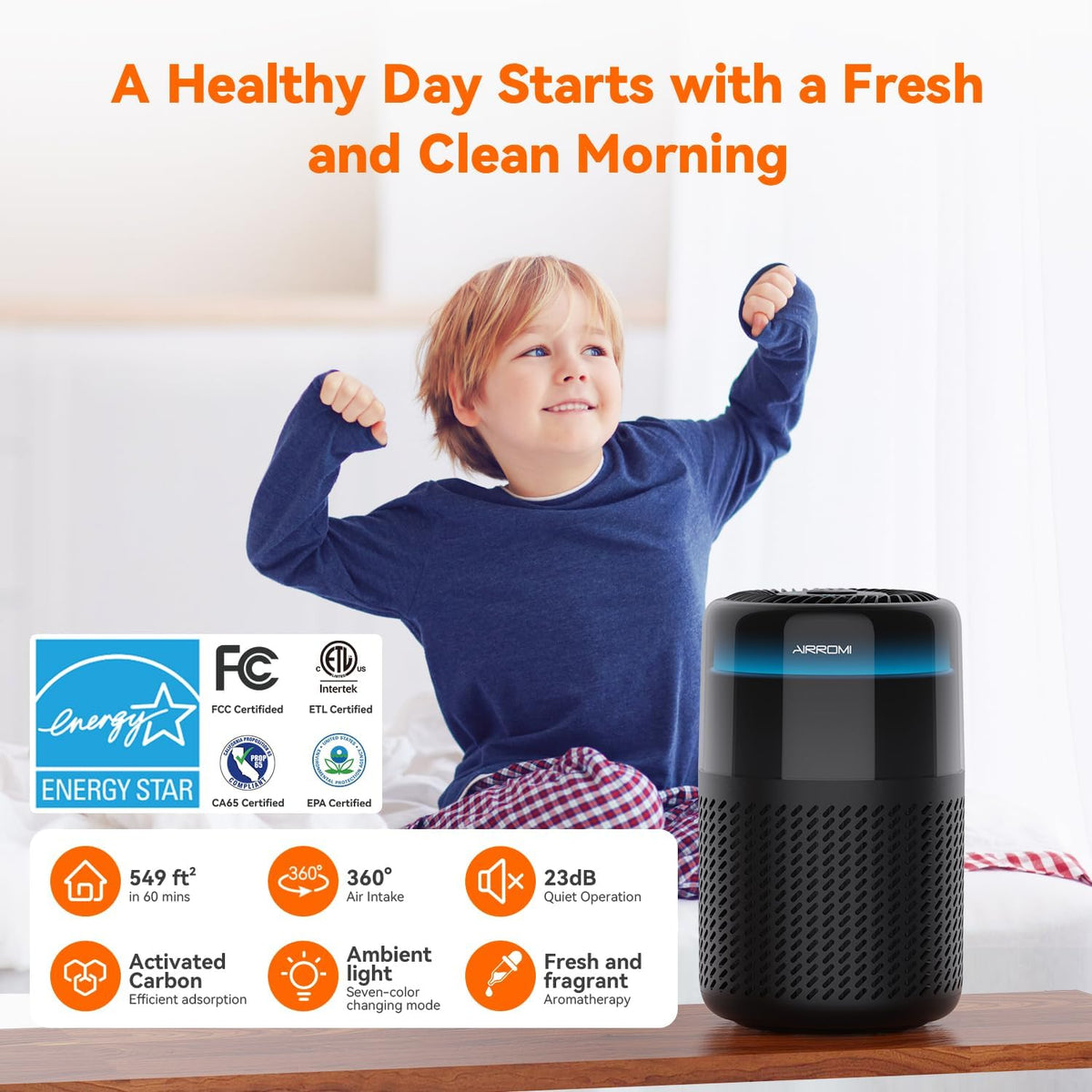AIRROMI Air Purifier for Bedroom Home,HEPA Filter,Covers Upto 549 Ft²,Quiet 360°intake Air Cleaner
