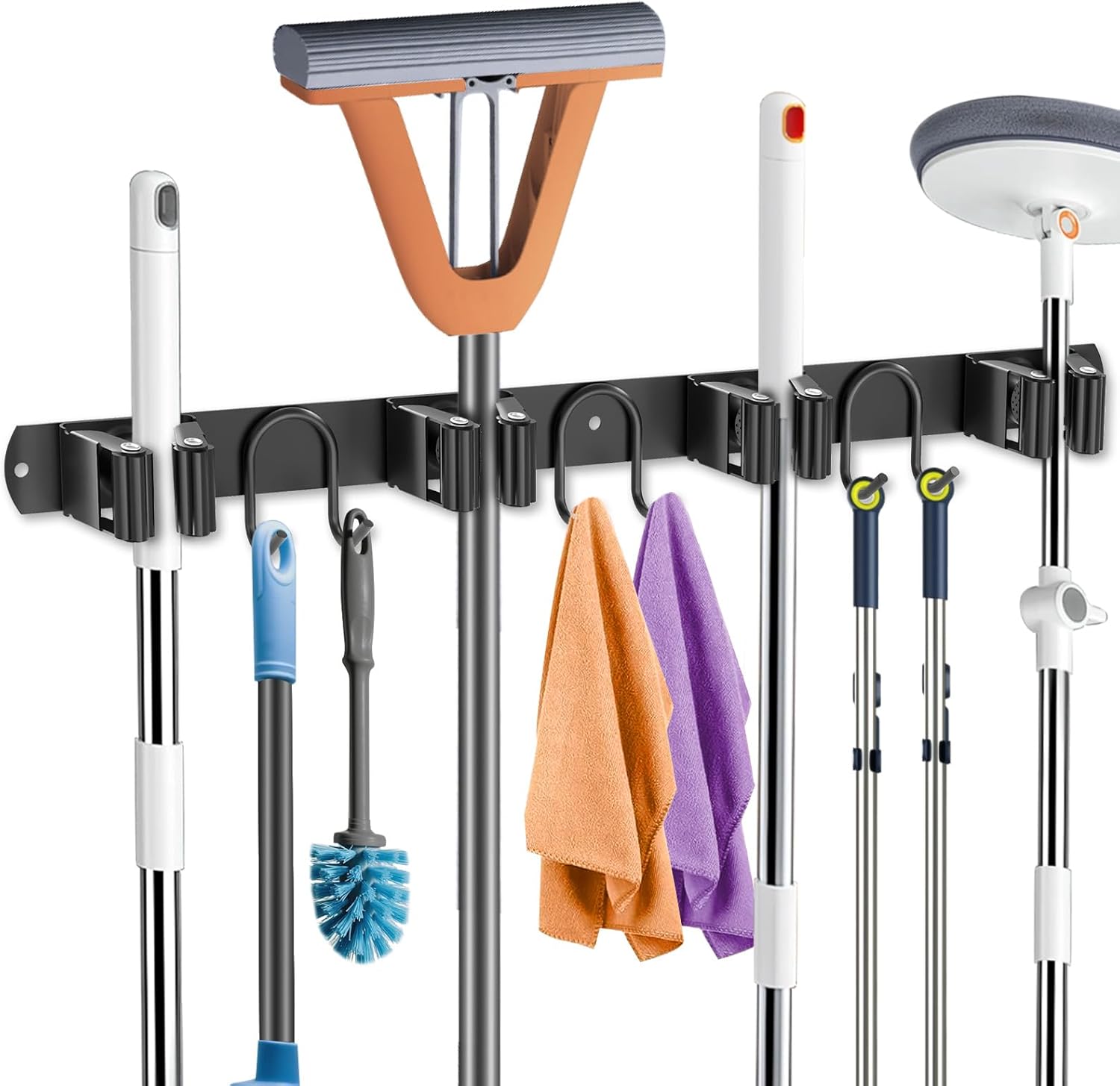 Mop Broom Holder Wall Mount, Black Stainless Steel Tool Storage Organizer for Kitchen Garden Garage