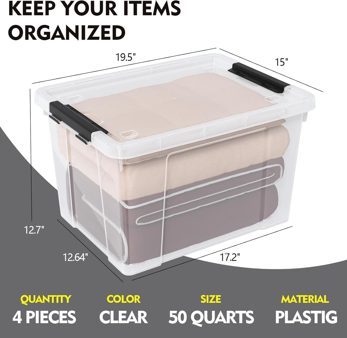 4 Pack Large Clear Plastic Storage Bins with Latching Lids, 50 Quart Plastic Storage Container with