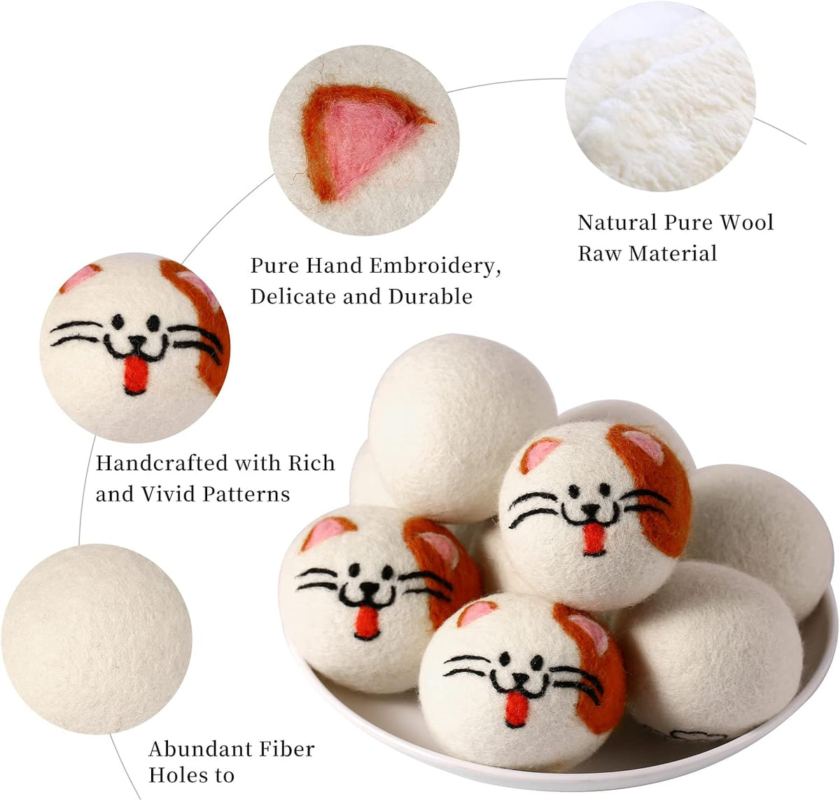 Wool Dryer Balls XL, Cute Cat Face Shape Handmade Dryer Balls Laundry Reusable, Fabric Softener