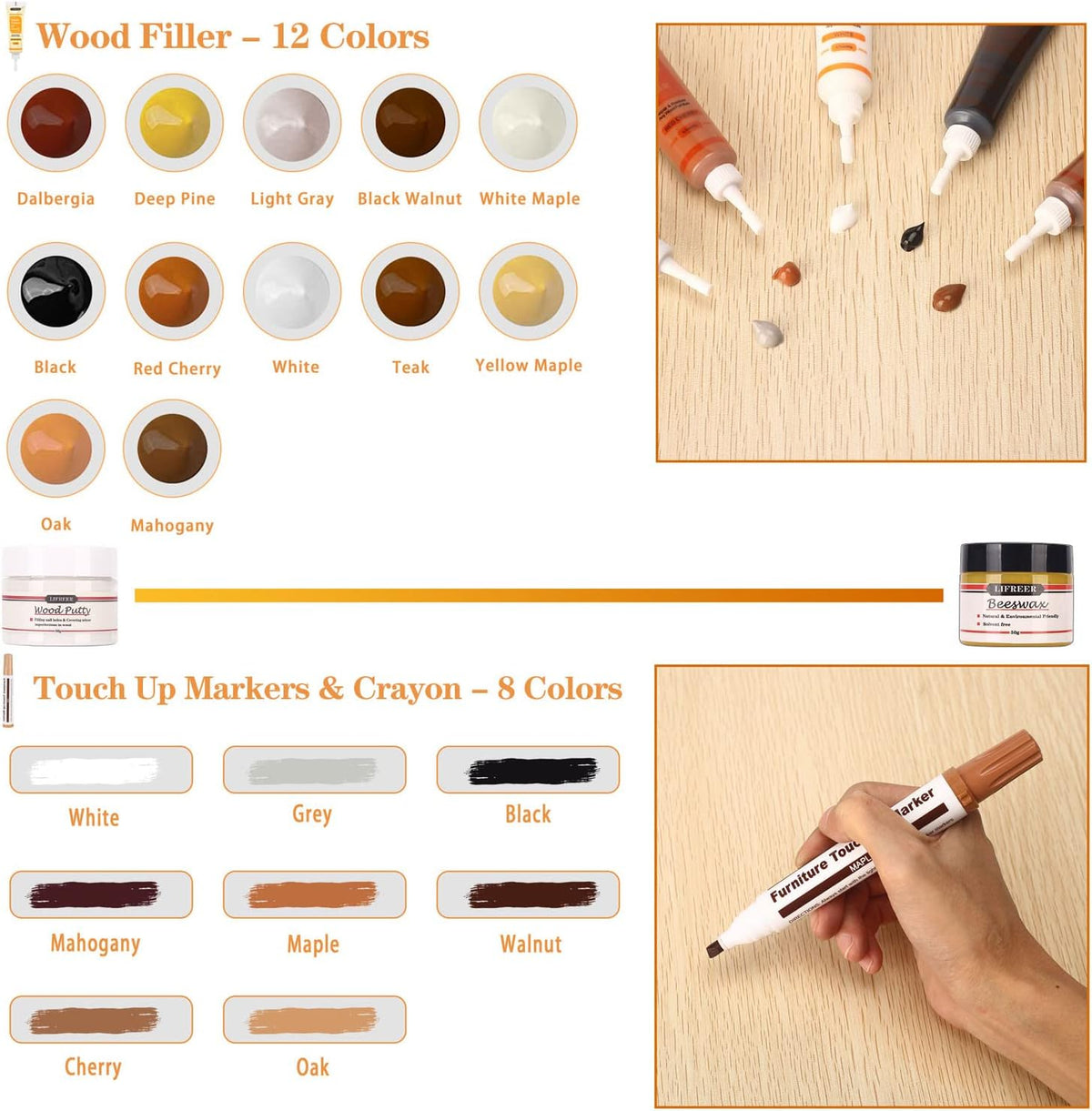 Lifreer Wood Repair Kit, 42 Pcs Furniture Repair Kit - Wood Filler, Touch Up Marker, Wood Putty