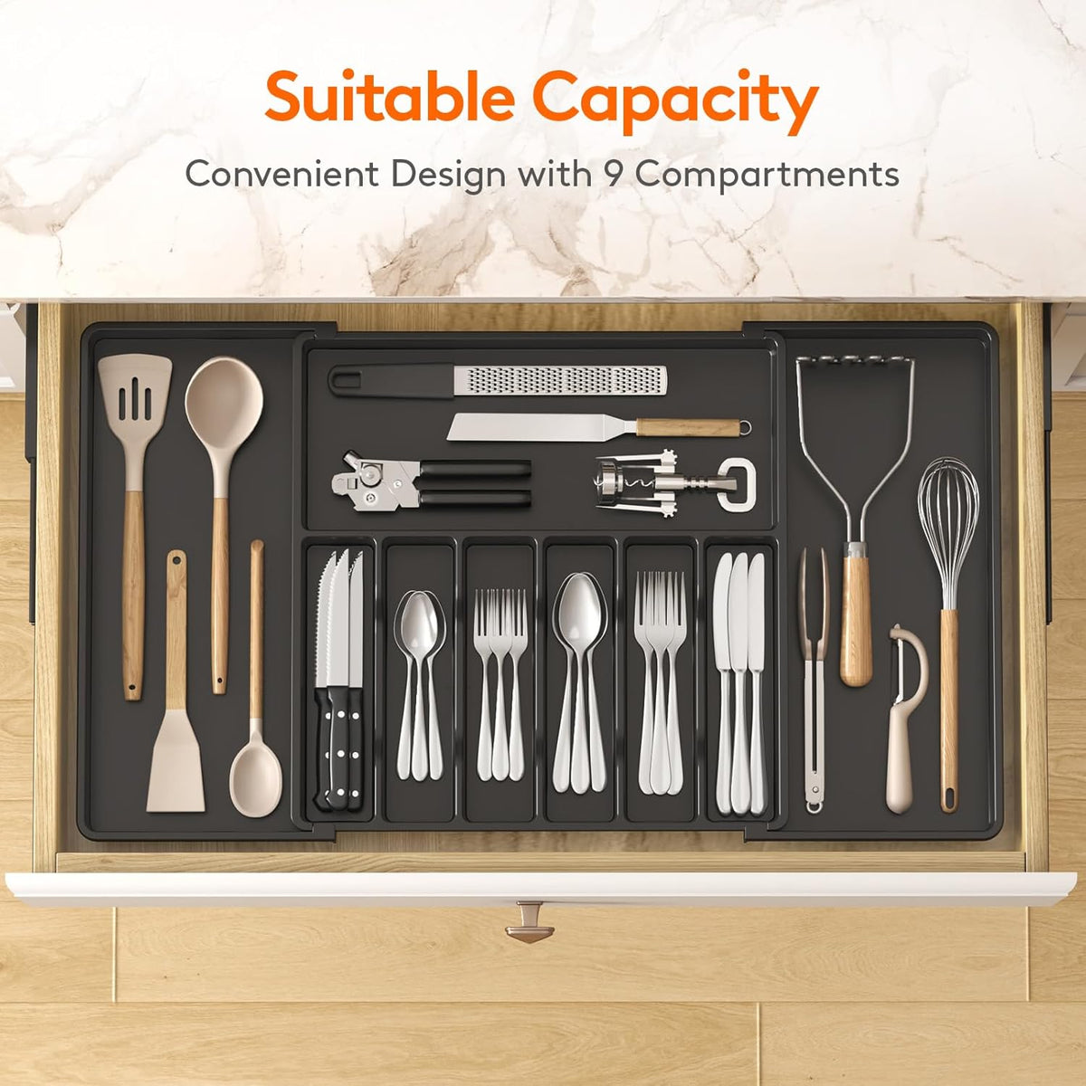 Lifewit Silverware Drawer Organizer, Expandable from 18.7 to 33 inches, Adjustable Utensil Tray for