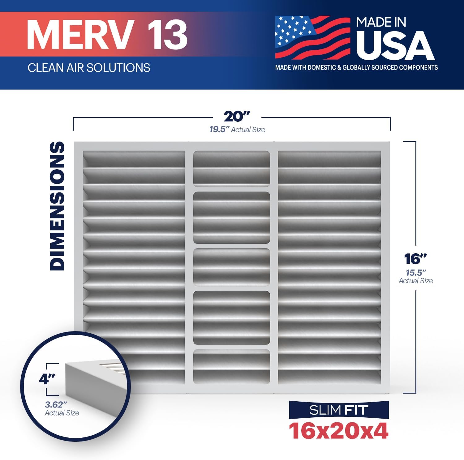 BNX TruFilter 16x20x4 (15.5’’ x 19.5’’ x 3.63‘’ Slim Fit) MERV 13 Air Filter (2-Pack) - MADE IN USA