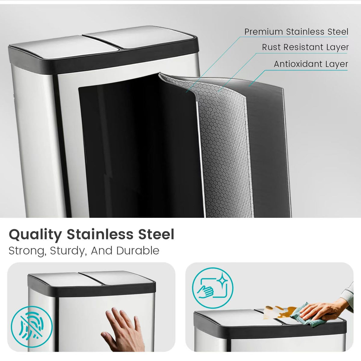 60 Liter (2x30L) 16 Gallon Dual Trash Can, Recycle Bins for Kitchen with 2 Compartments, Trash and