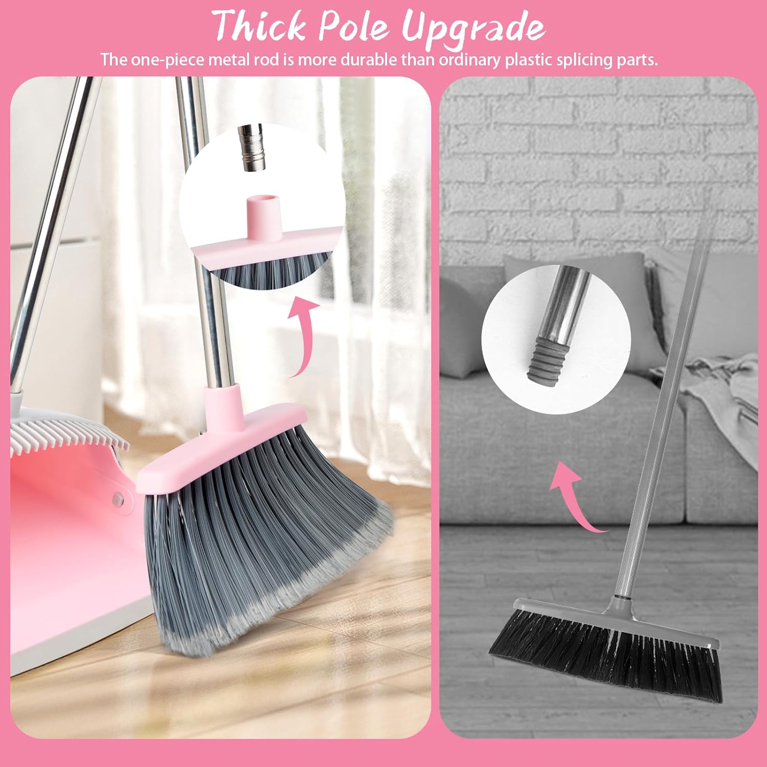 Broom and Dustpan Combo Set, Long Handle and Standing Dust Pan with Comb Teeth, Efficient Floor
