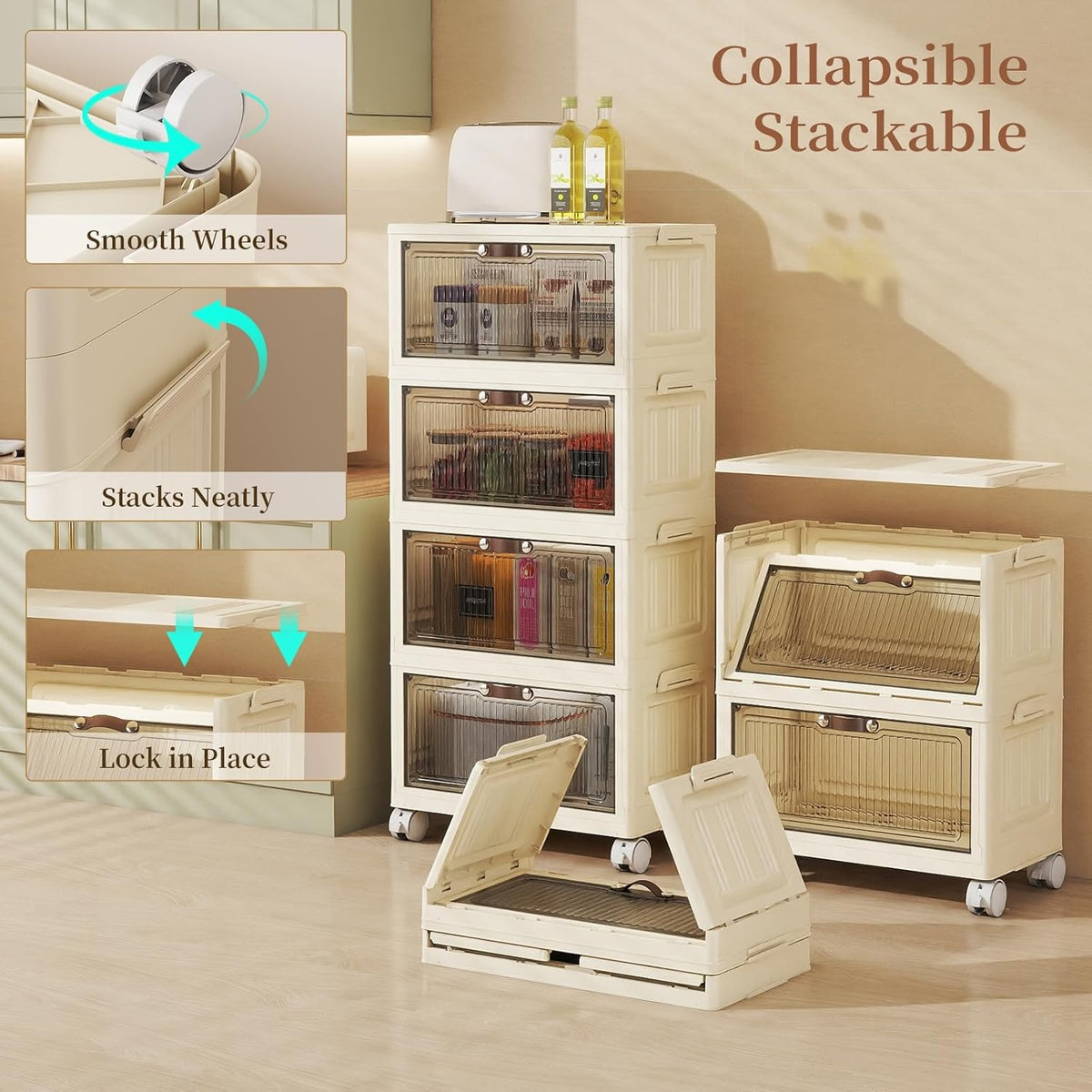 3 Tier - 34QT Storage Bins with Lids, Collapsible Storage Bins with Doors and Wheels, Plastic