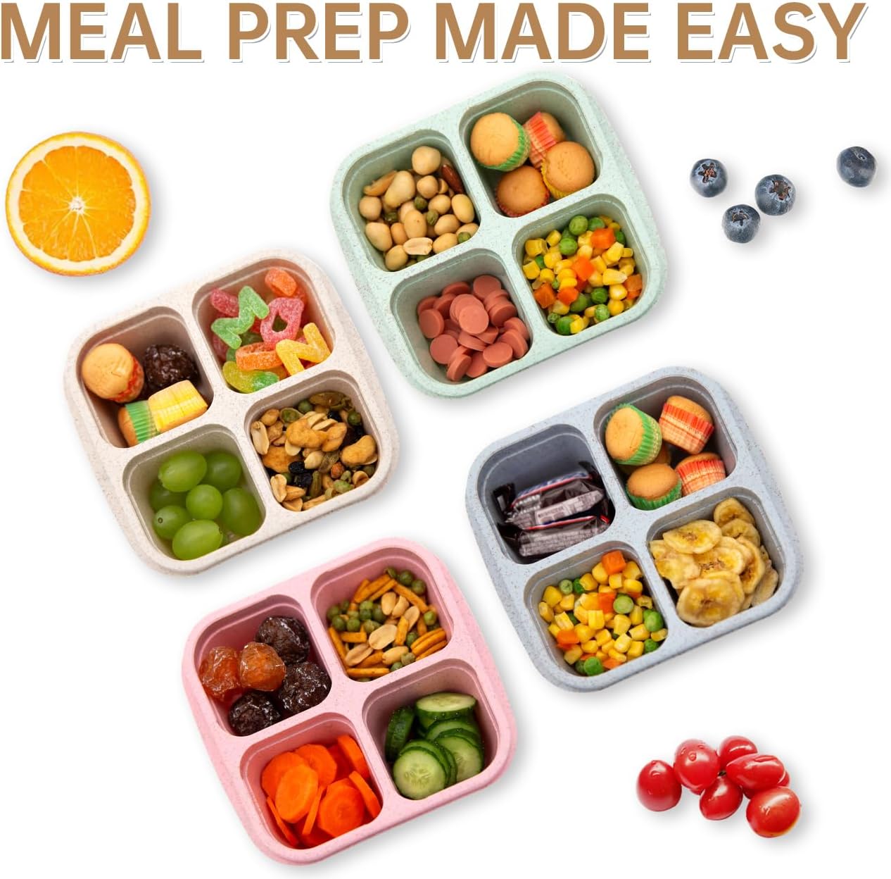 4 Pack Bento Lunch Box，4 Compartment Snack Containers，Divided Bento Snack Box，Meal Prep Containers