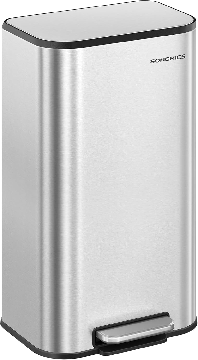 SONGMICS Kitchen Trash Can, 8-Gallon (30 L) Garbage Can with Lid, Stainless Steel, Soft Close and