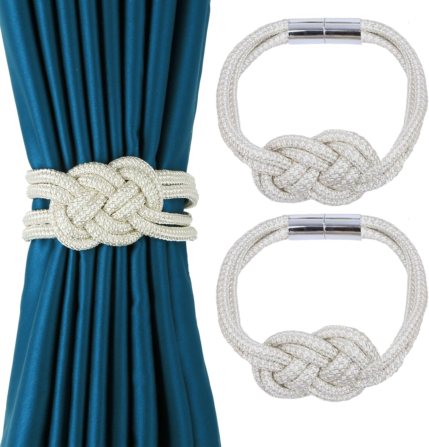 2 Pack Magnetic Curtain Tiebacks, Hand Weave Rope Knot Decorative Curtain Holdbacks for Home &