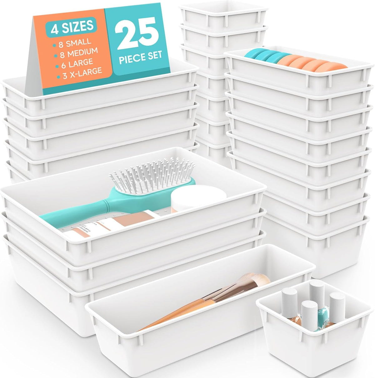WOWBOX 25 PCS Plastic Drawer Organizer Set, 4 Sizes Desk Drawer Divider Organizers and Storage Bins