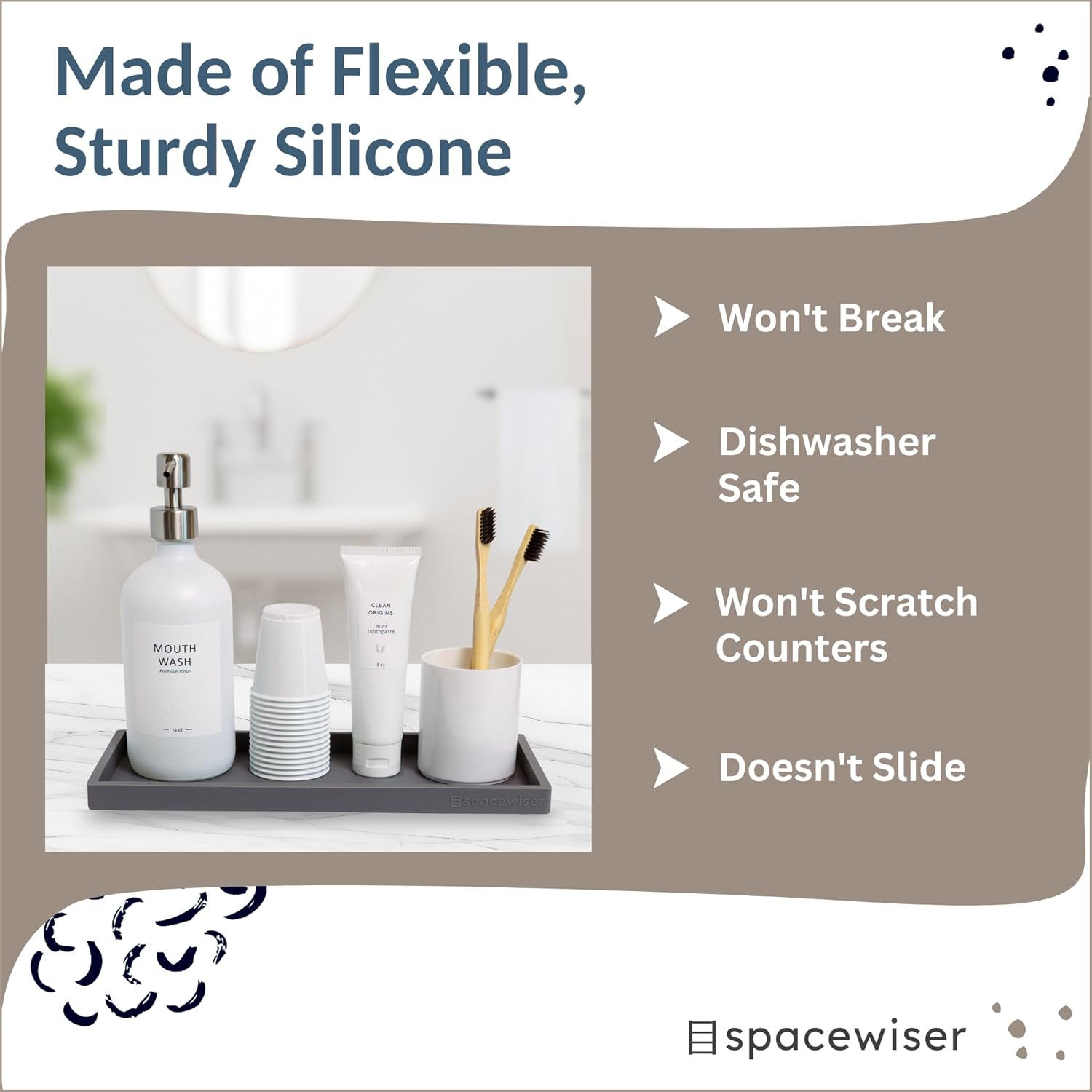 Countertop and Vanity Tray - 2 PC Large 11.7" Silicone Bathroom Trays, Counter Organizer, Dish Soap
