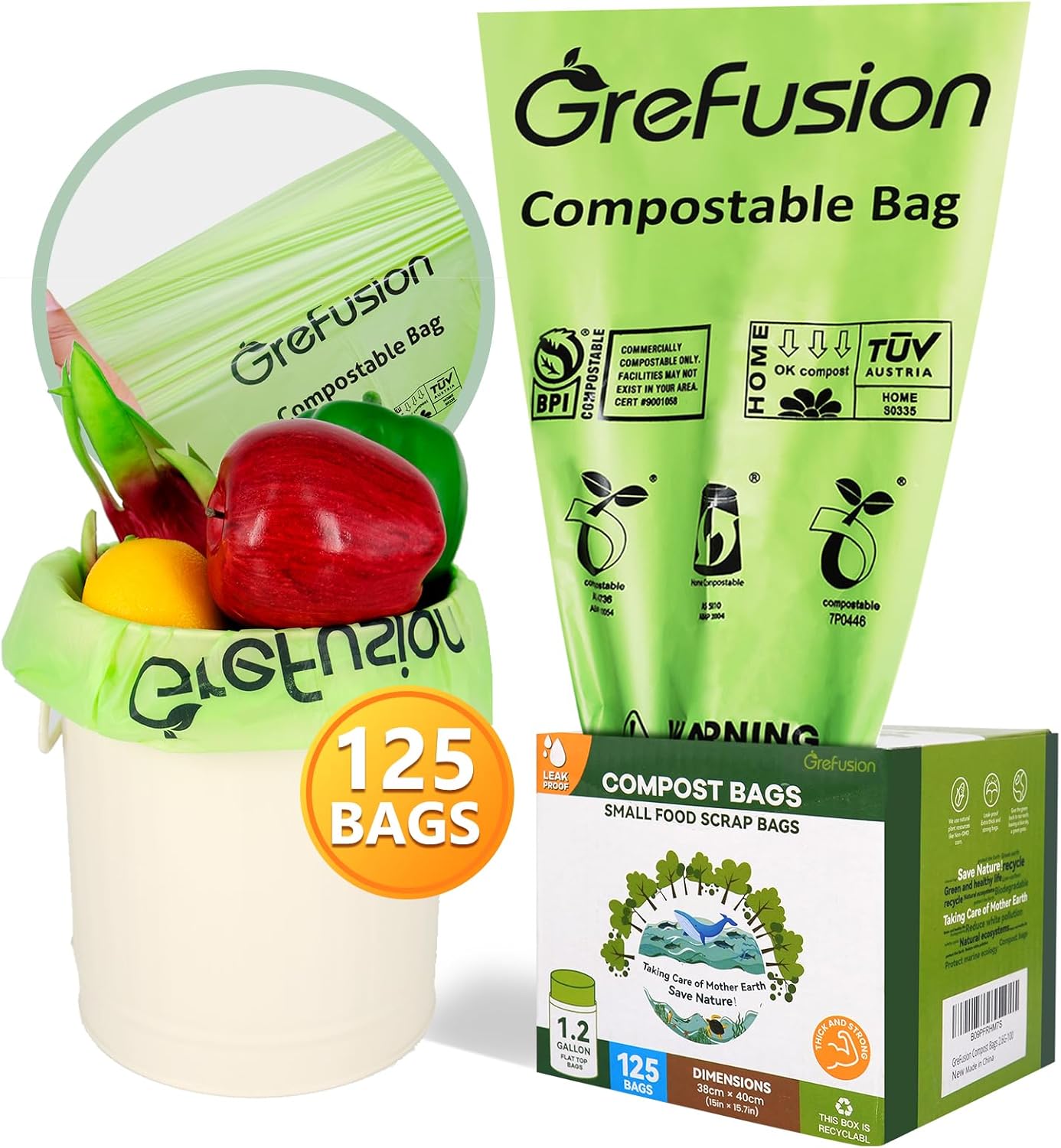 GreFusion Compostable Bags for Kitchen Compost Bin, 1.2 Gallon, 125 Count, Certified by BPI and