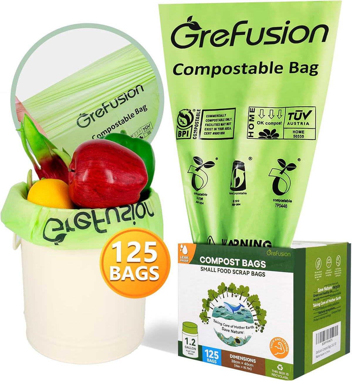 GreFusion Compostable Bags for Kitchen Compost Bin, 1.2 Gallon, 125 Count, Certified by BPI and