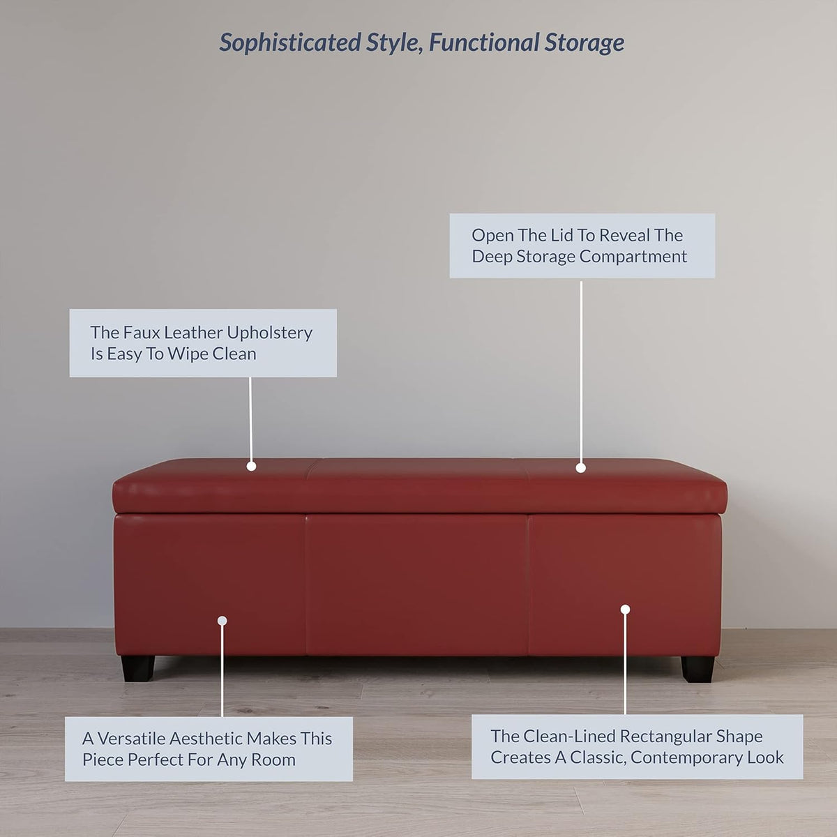 BELLEZE Storage Faux Leather Ottoman, 47 Inch Bench Bedroom Bench with Safety Close Hinge, Extra