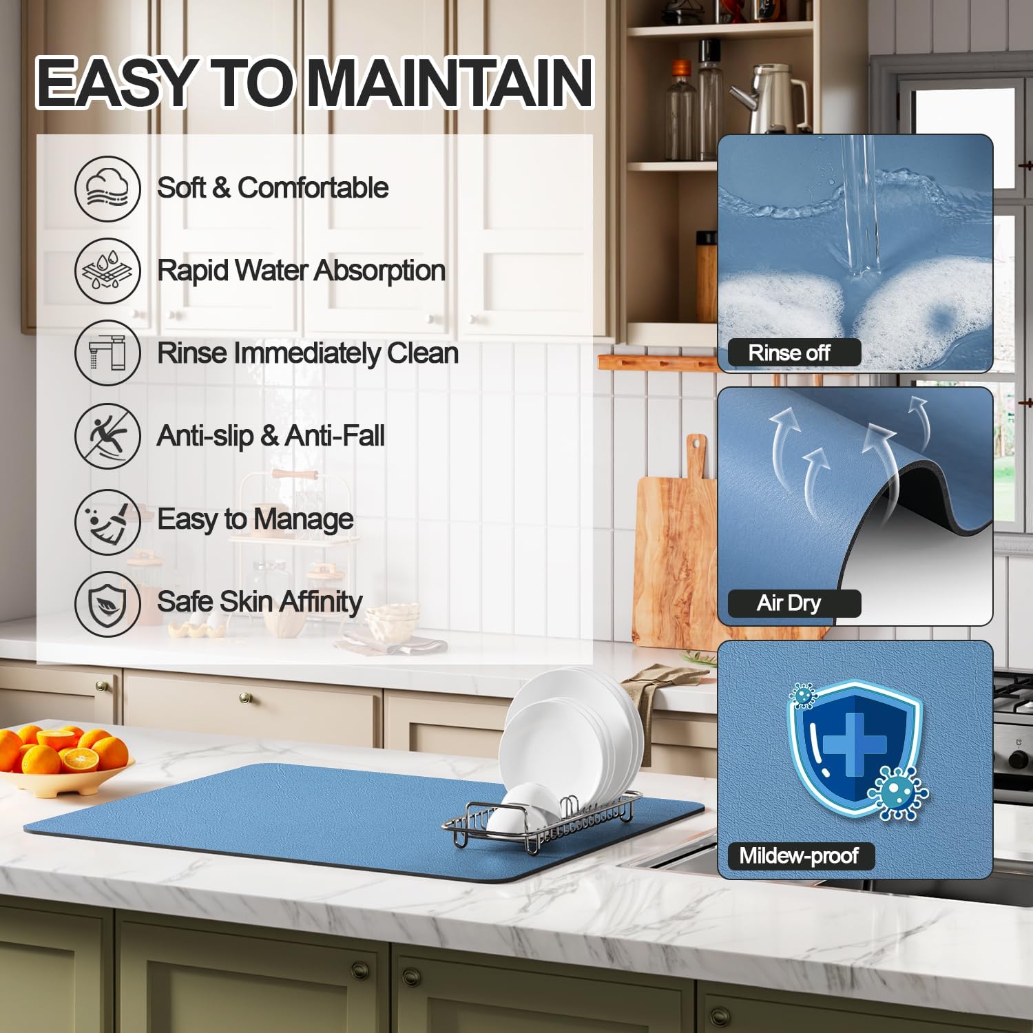 Dish Drying Mat for Kitchen Counter | Coffee Bar Mat for Countertops | Heat Resistant Drainer Mat