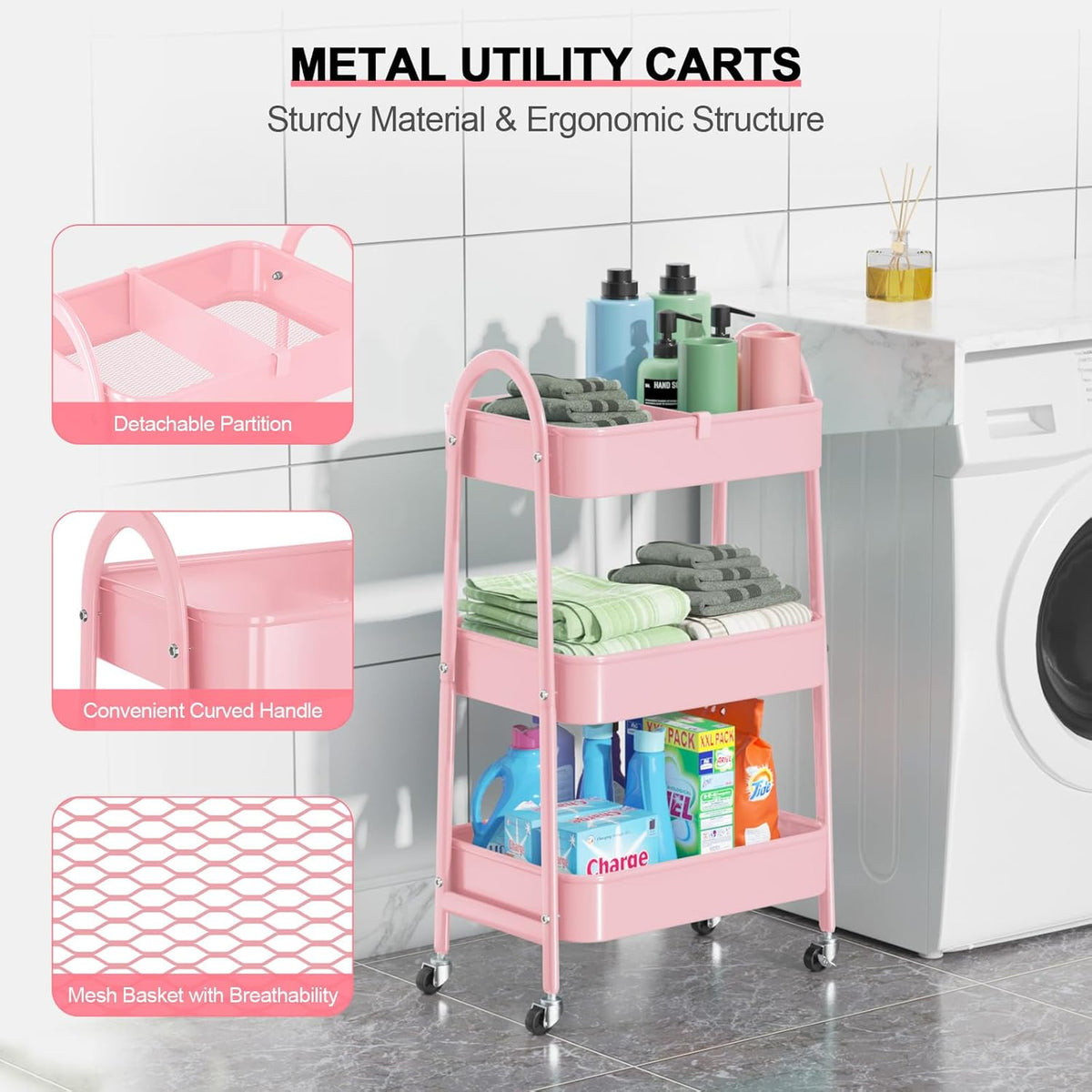 EAGMAK 3 Tier Utility Rolling Cart, Metal Storage Cart with Handle and Lockable Wheels