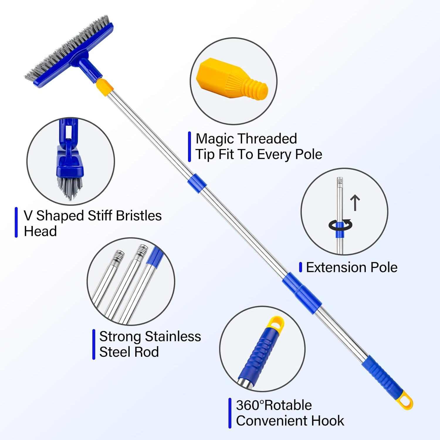 ITTAR Grout Brush with Long Adjustable Handle, Swivel Scrub Brush, V-Shape Grout Line Scrubber with