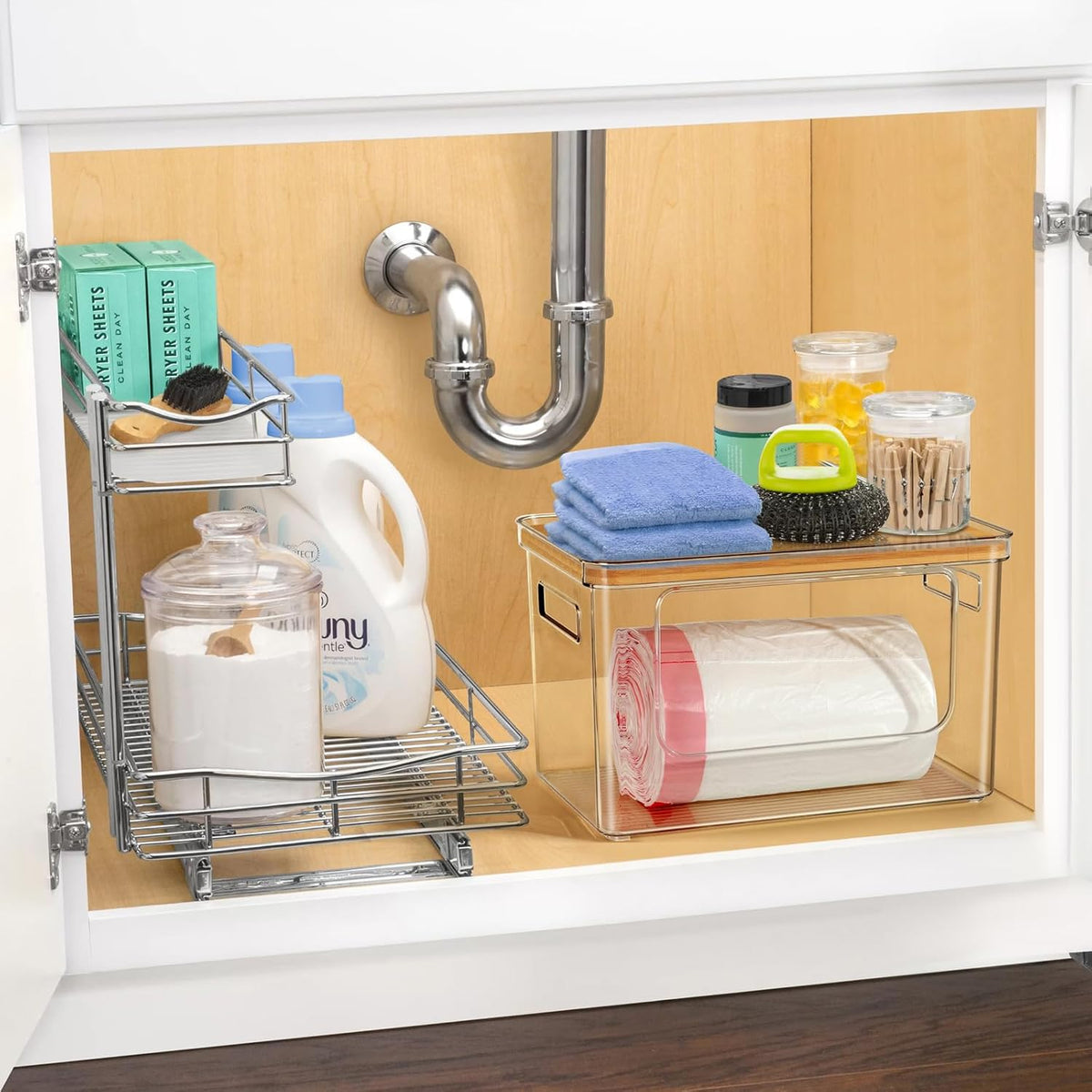Hudgan Stackable Storage with Bamboo Top for Laundry Room Organization, Extra Large Trash