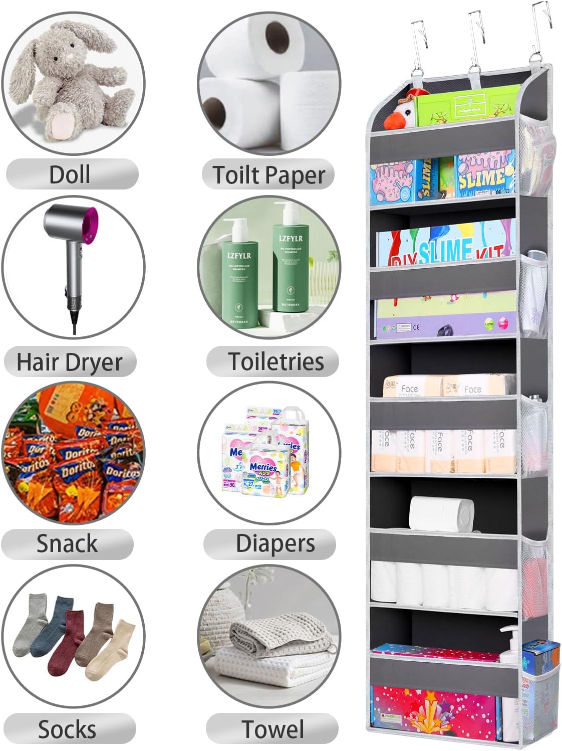 2 Pack Over The Door Storage Organizer with 5 Pockets 10 Mesh Side Pockets, 44 lbs Weight Capacity