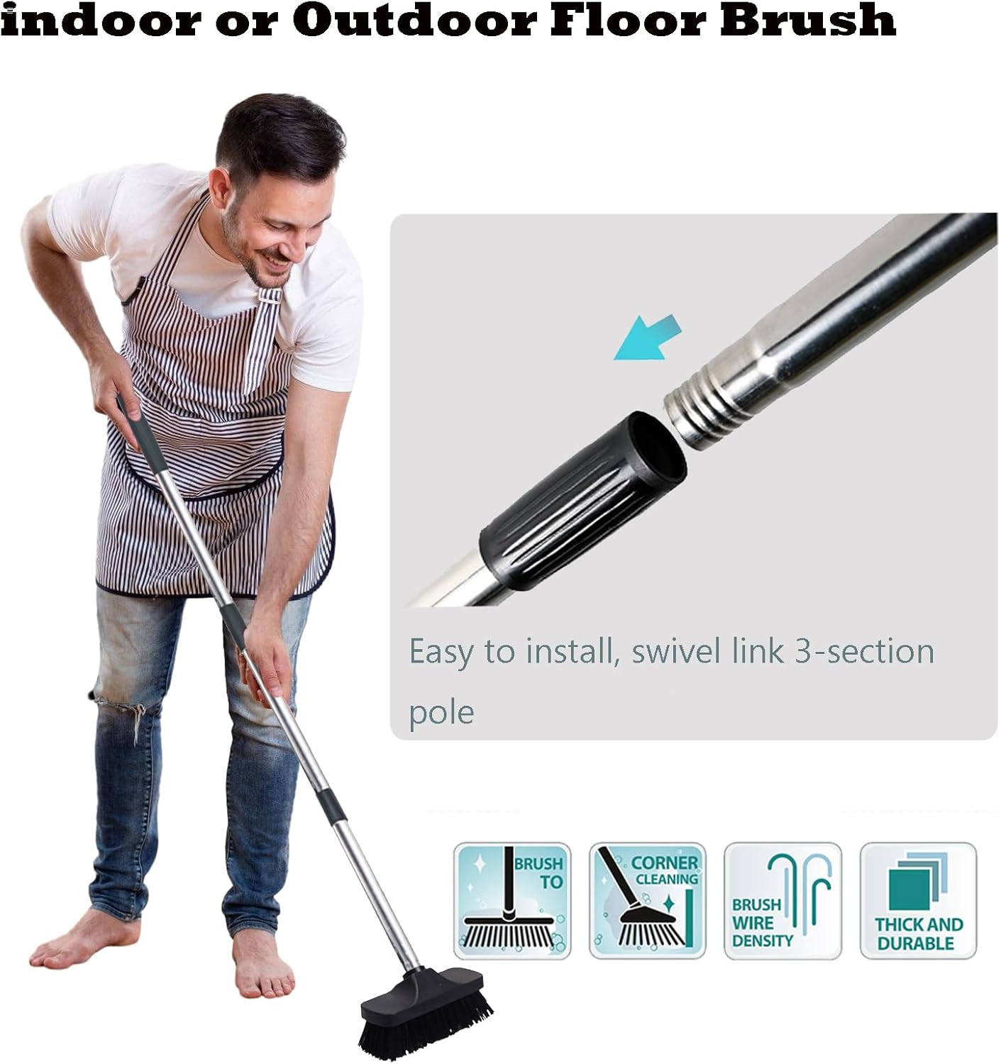 Push Broom Brush Stiff Bristles Floor Cleaning Brush Multi-Purpose Scrubber Brushes for Bathroom