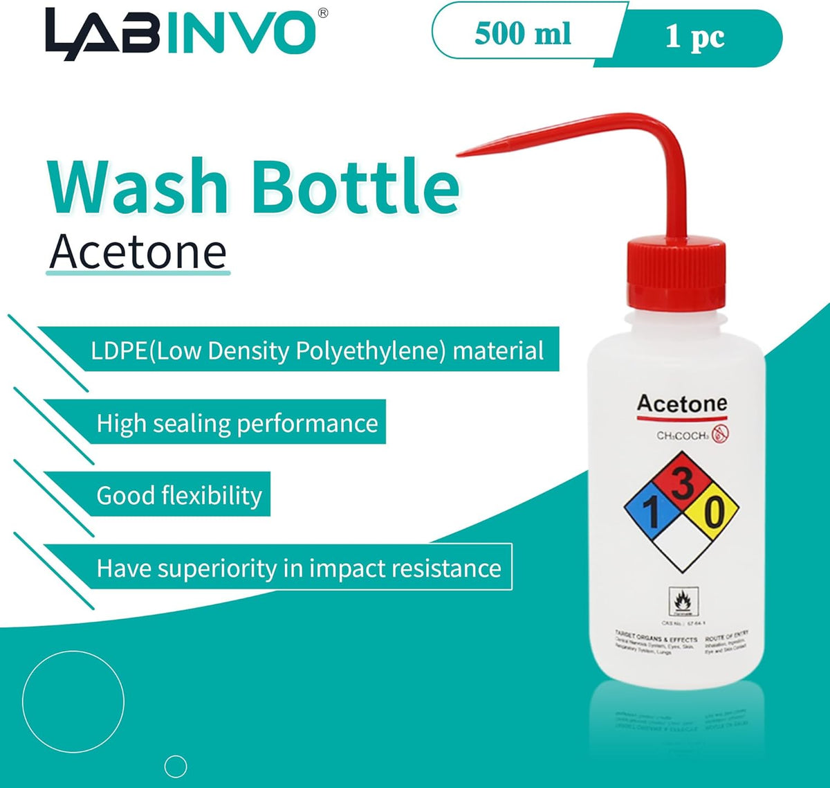 Acetone Wash Bottle, 1PC of Vol.500ml (17oz), Narrow Mouth, Self-Venting Safety Wash Bottle, LDPE