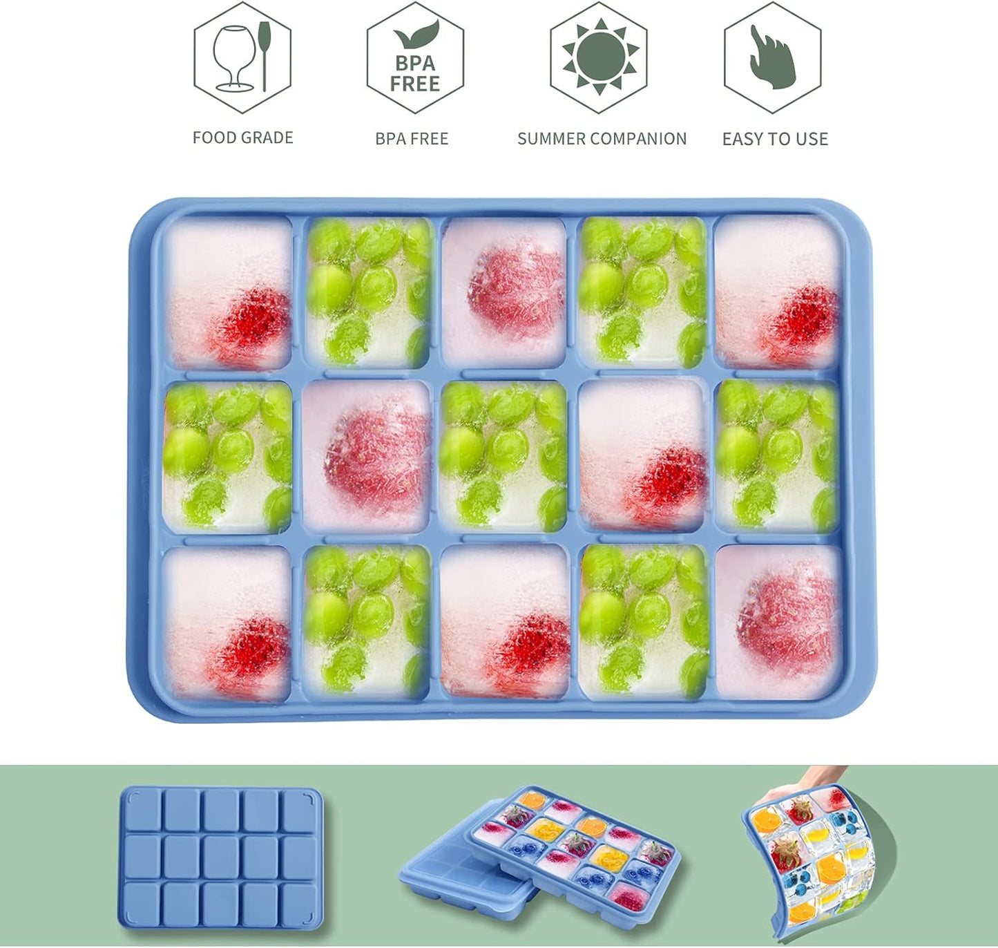 Ice Cube Trays Set of 2, Easy Release 15 Flexible Silicone Ice Cube Molds with Removable Lid