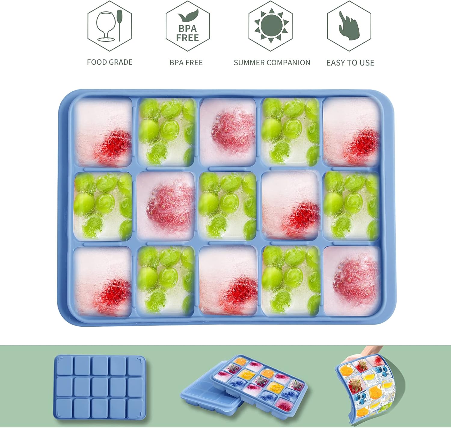 Ice Cube Trays Set of 2, Easy Release 15 Flexible Silicone Ice Cube Molds with Removable Lid