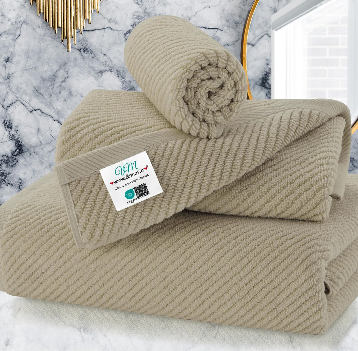 VOOVA & MOVAS Dark Beige Towels for Bathroom - 100% Cotton | Quick Dry | Soft | Thick, 3 Piece