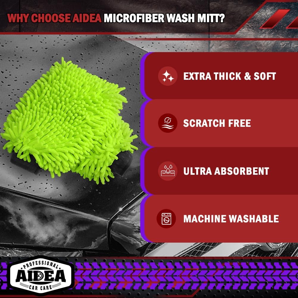 AIDEA Car Wash Mitt Microfiber, 2PK-Scratch-Free& Lint-Free, Premium Chenille Microfiber Wash