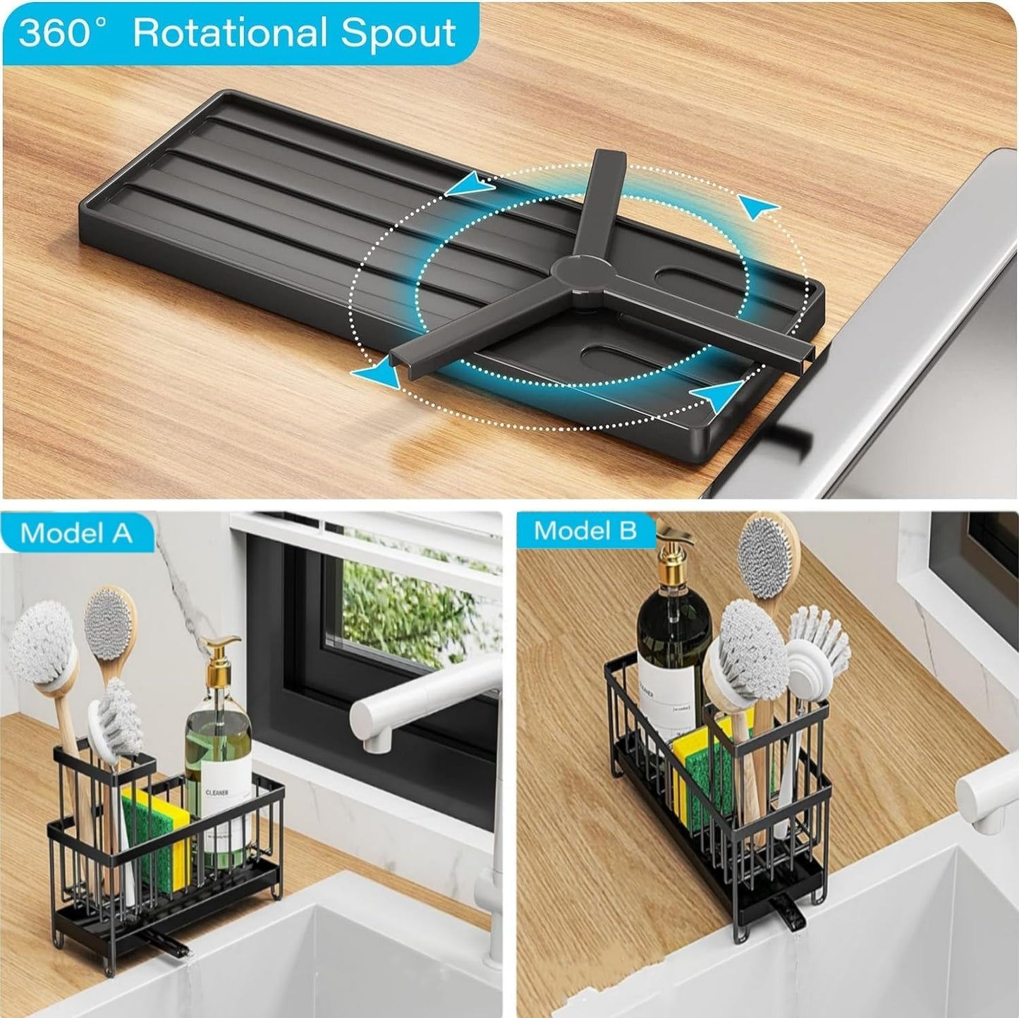 Sponge Holder for Kitchen Sink, Stainless Steel Sink Caddy with Auto Drain Tray, Kitchen Organizer