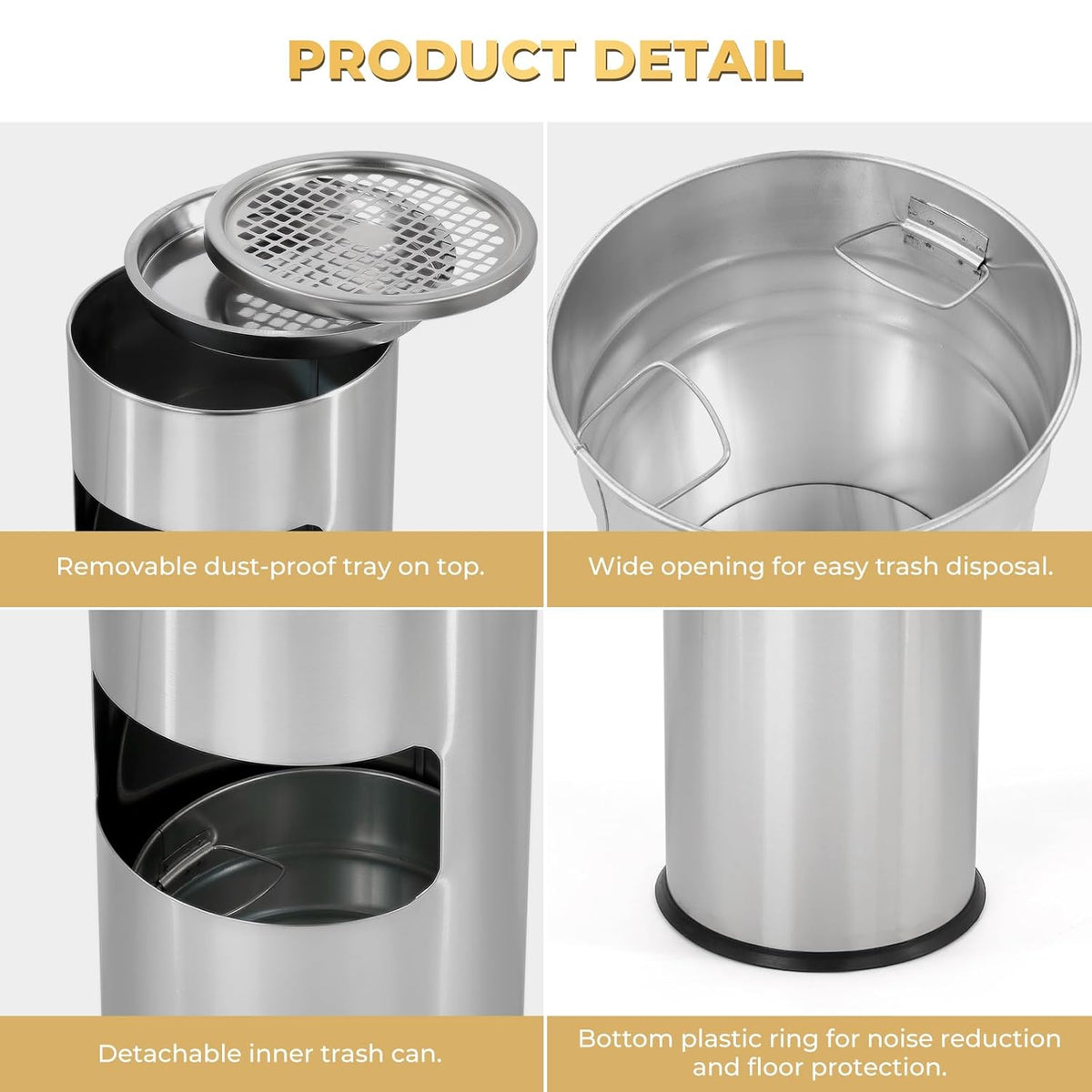 Trash Can Outdoor Waste Container Round Stainless Steel Trash Can with Removable Inner Bucket for